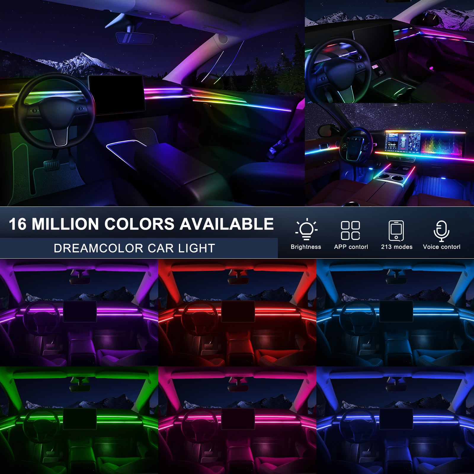 VGETTING Dreamcolor Ruban lumineux LED en acrylique pour intérieur de voiture avec application sans fil, RVB 14-en-1, 175 po, 600 LED