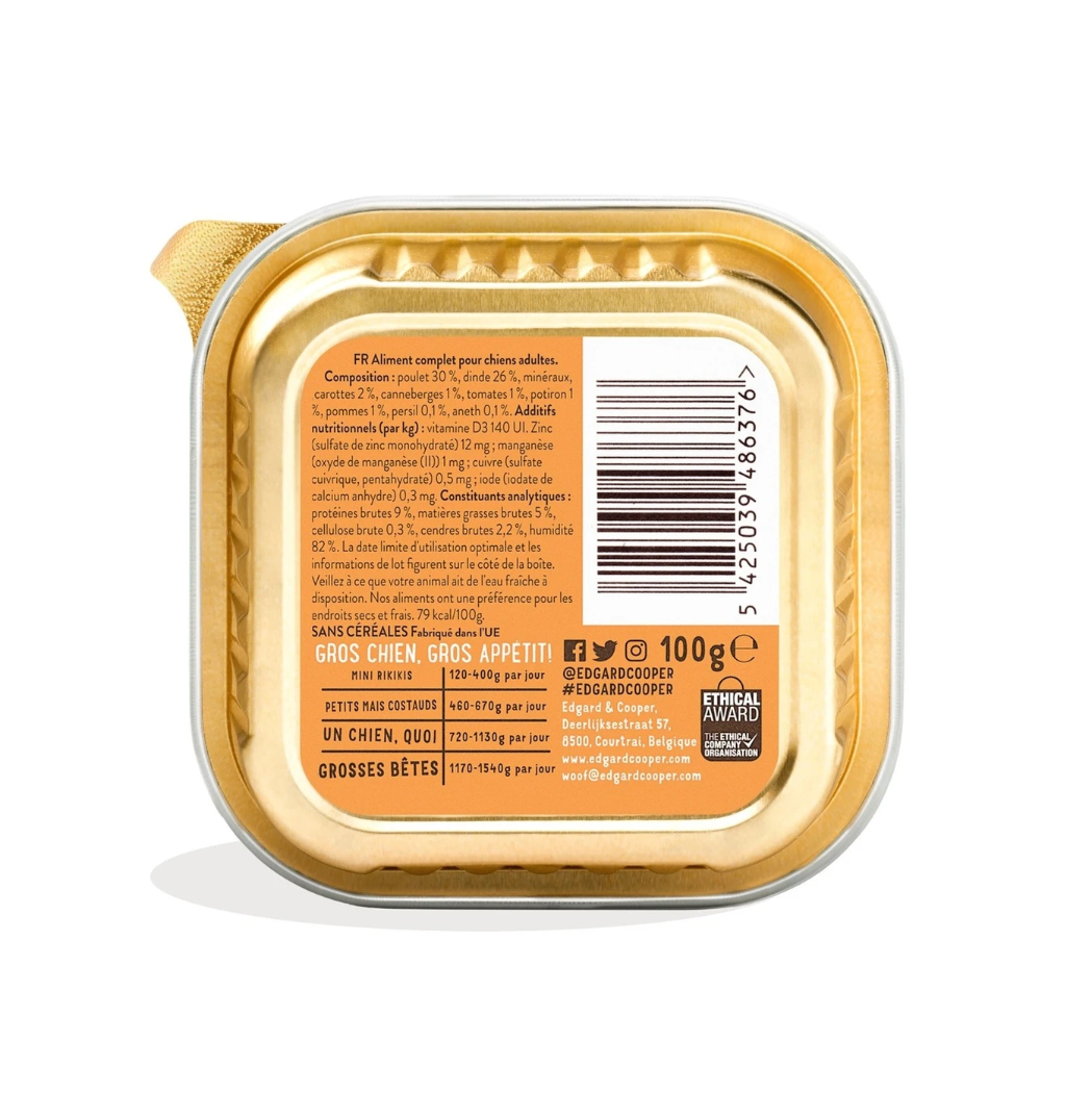 Edgard & Cooper Pâté Sans Céréales Poulet & Dinde Pour Chiens Adultes - 9*100 g