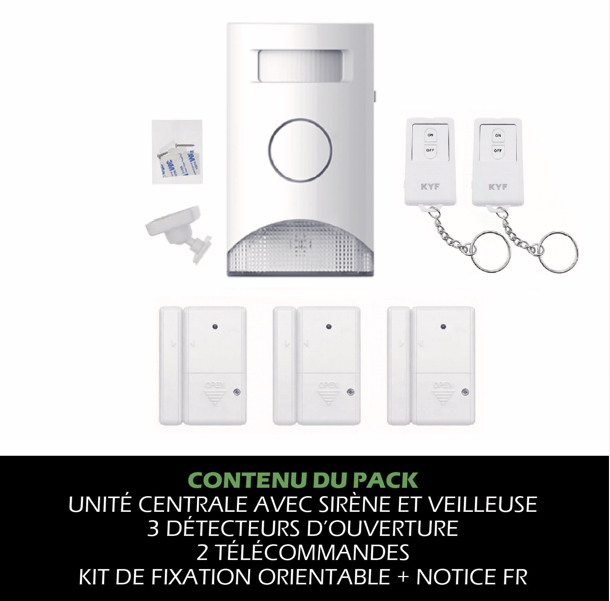 KYF Kit d’alarme extensible 434 MHz avec détection de mouvement et éclairage d’alarme intégré, capteurs porte/fenêtre (x3) et télécommandes (x2)