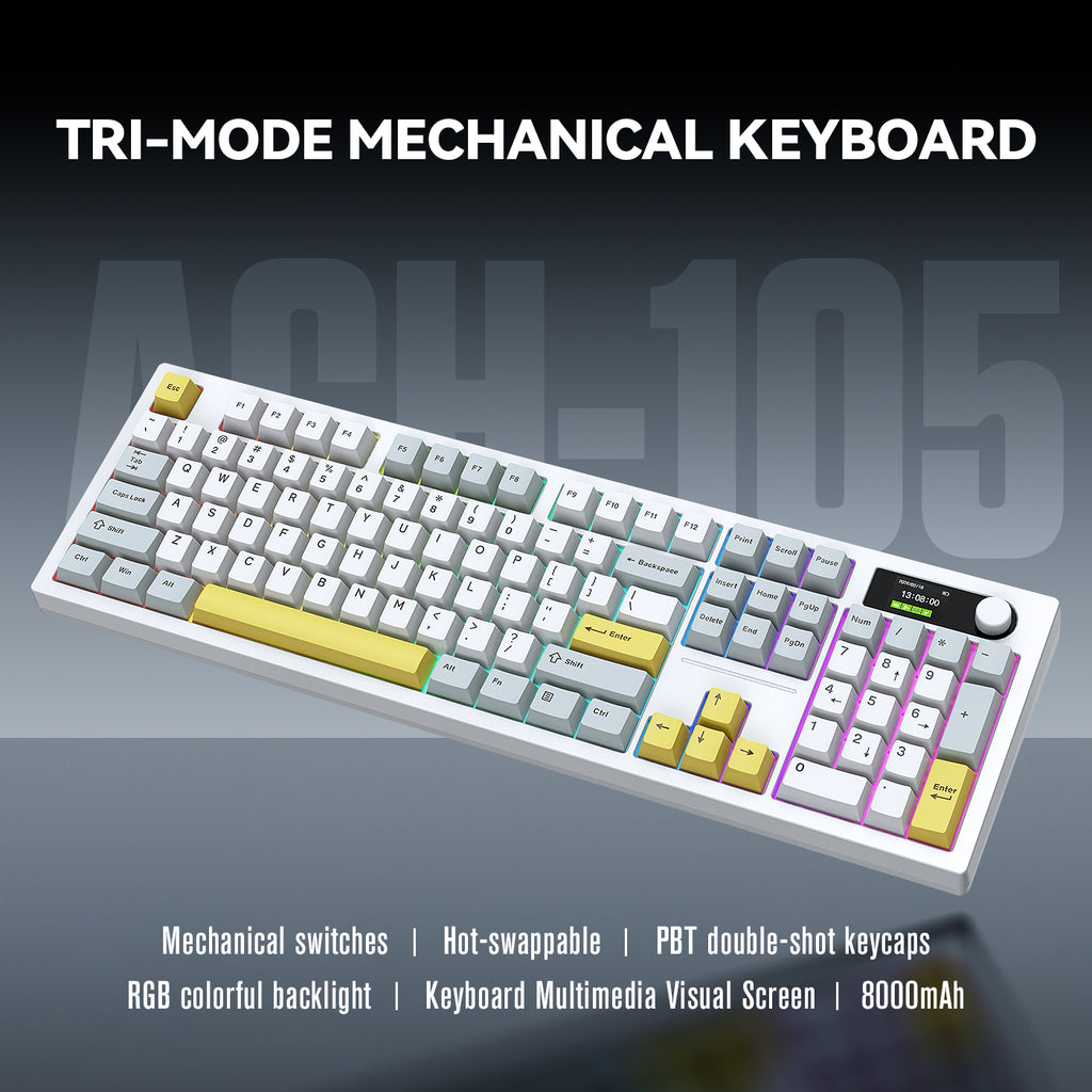 Siukie ACH105 Clavier mécanique 104 touches avec écran couleur, interrupteur détachable, 3 modes RGB, Bleu Alice et Blanc