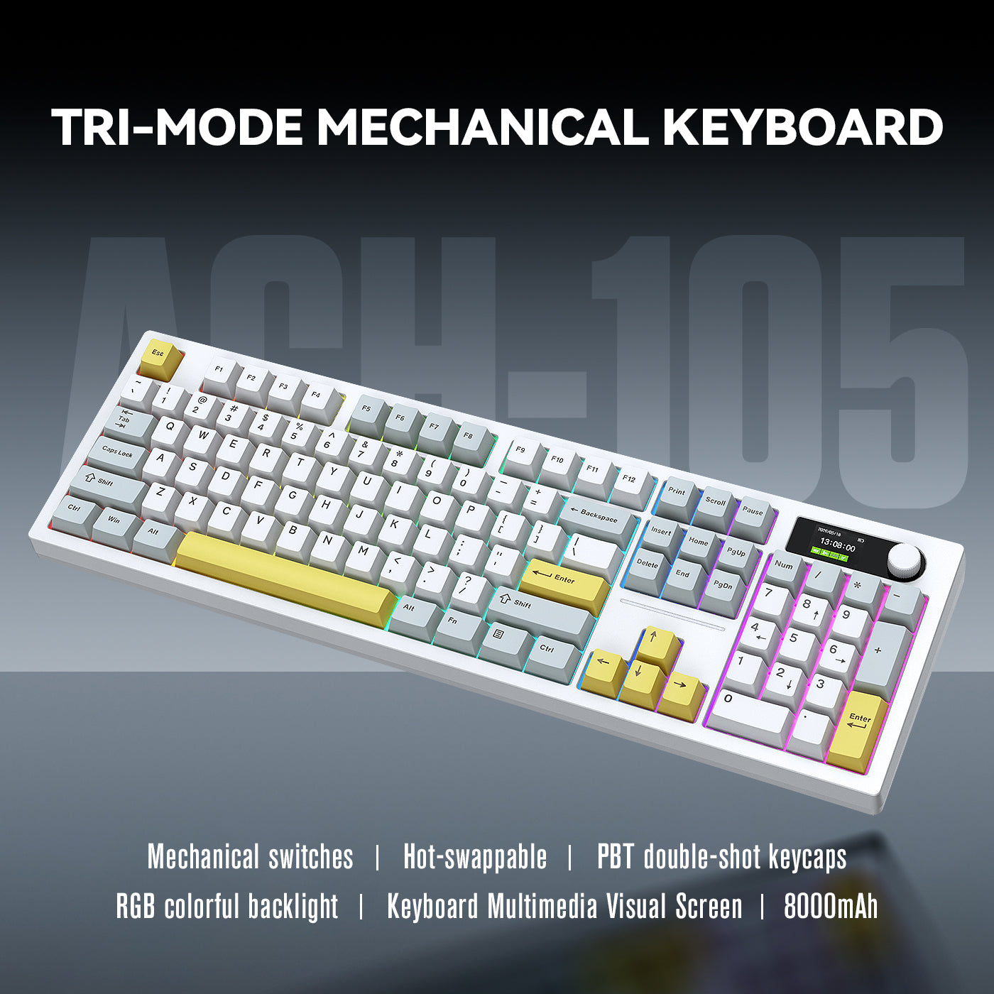 Siukie ACH105 Clavier mécanique 104 touches avec écran couleur, interrupteur détachable, 3 modes RGB, Bleu Alice et Blanc