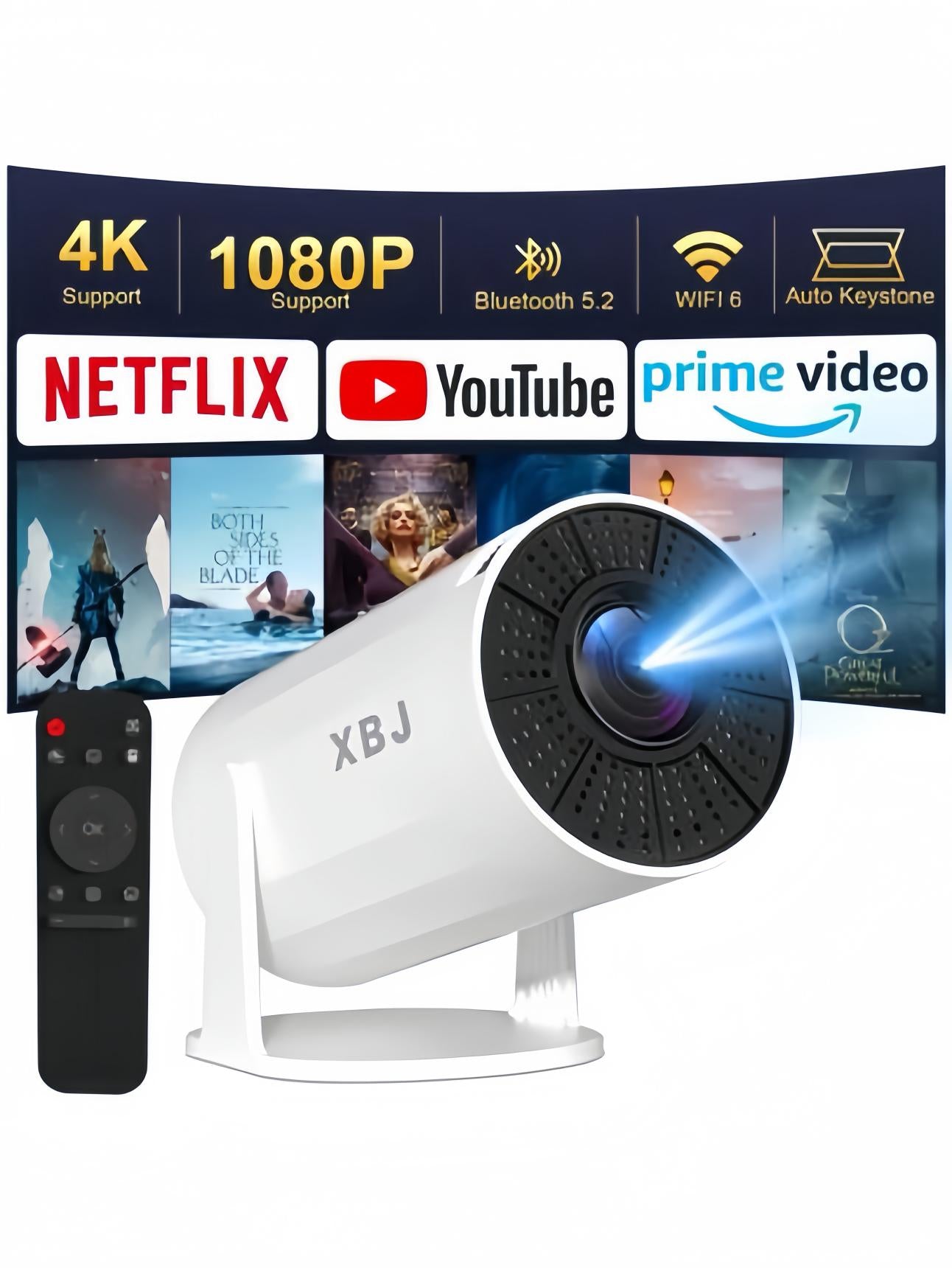 XBJ Projecteur portable blanc avec WiFi 6 et Bluetooth 5.2, mini projecteur intelligent, HD 1080p (décodage 4K), système Android 11, correction trapézoïdale automatique + rotatif à 180°, 300 ANSI, écran 40-200 pouces pour chambre, intérieur/extérieur