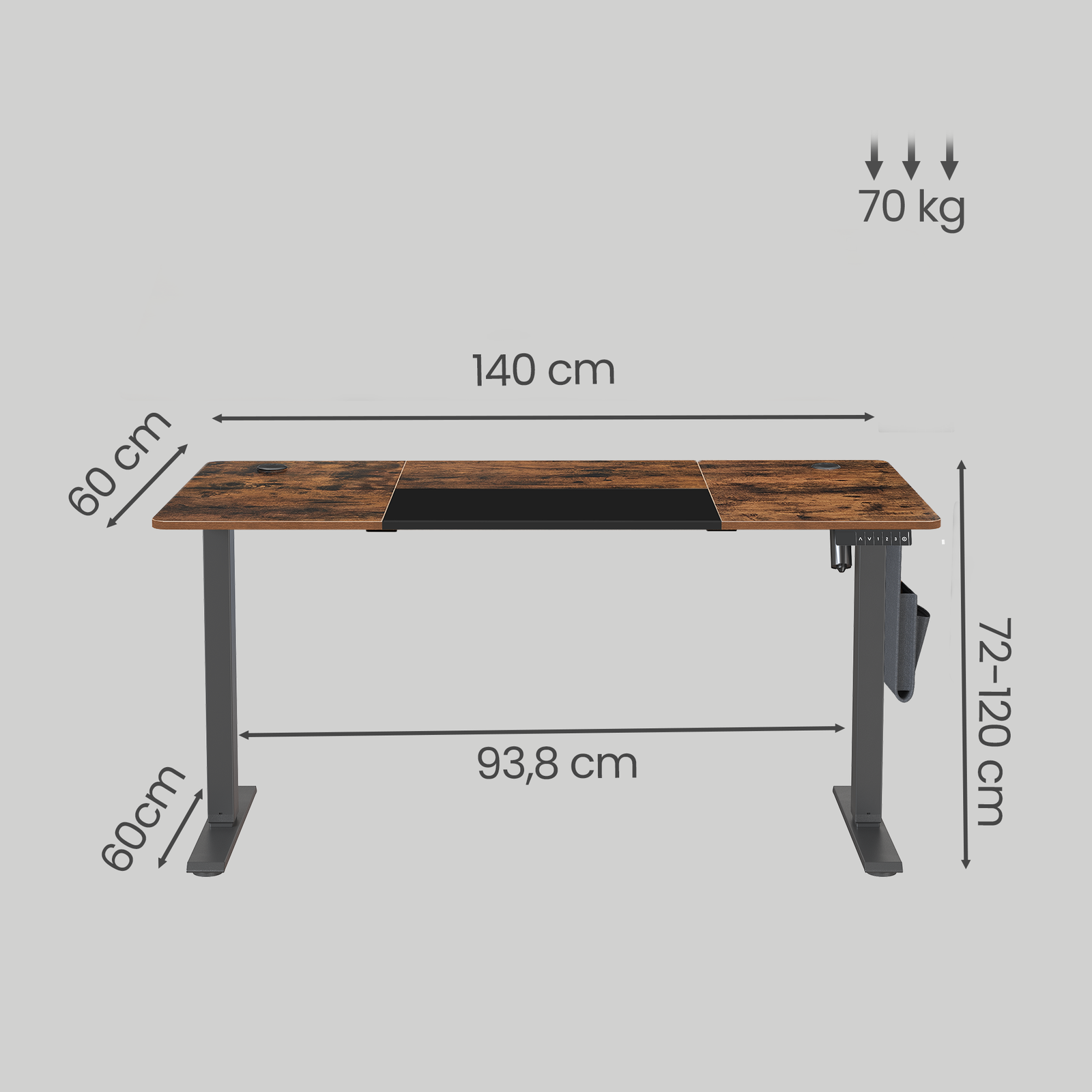 JOYFURNOS Bureau électrique avec 4 préréglages mémoire, 140 x 60 cm, réglage de hauteur continu, port USB-C, marron vintage et noir encre