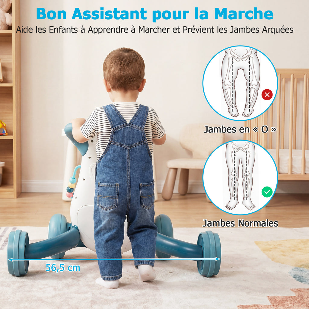 Poussette d'apprentissage pour bébé avec musique et lumières, aide à la marche, jouet de tri de formes et engrenages rotatifs, bleu