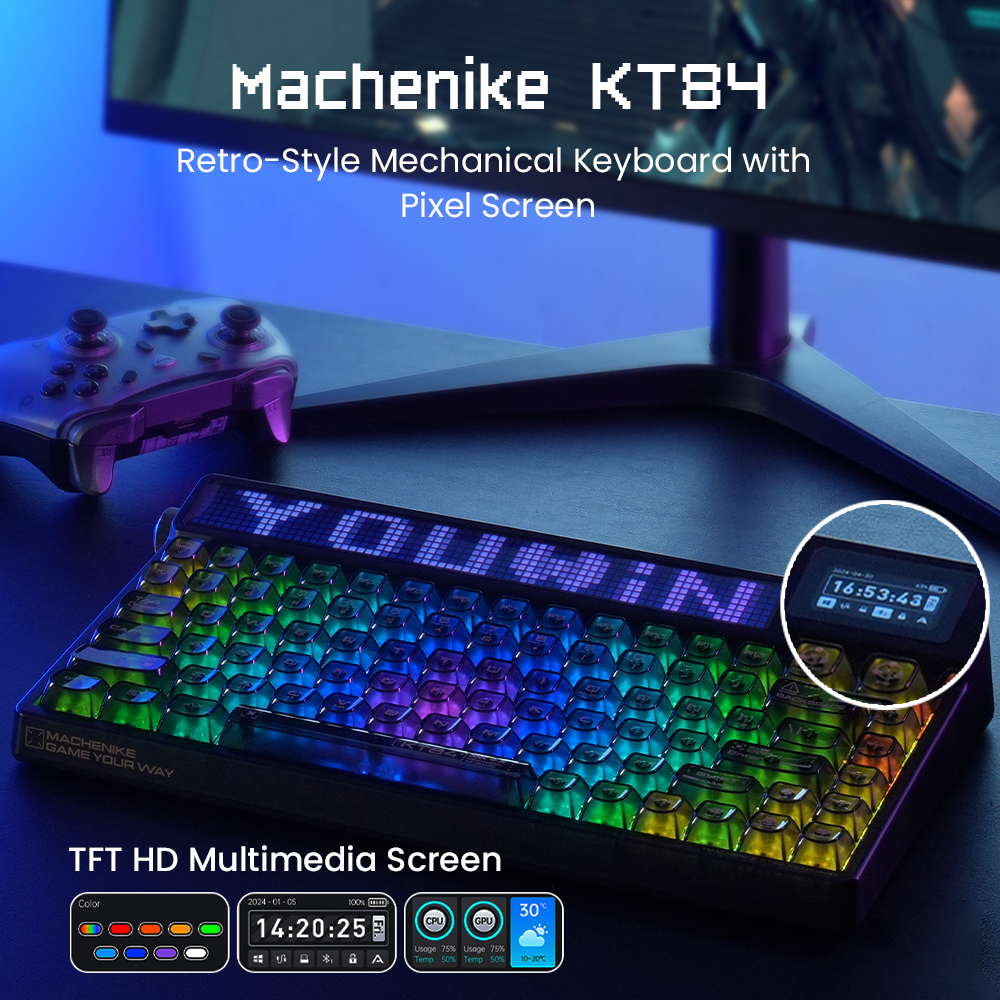 Machenike KT84-B84W clavier mécanique 75 % triple mode, disposition QWERTY US, Noir, interrupteur jaune Gateron Smart Screen
