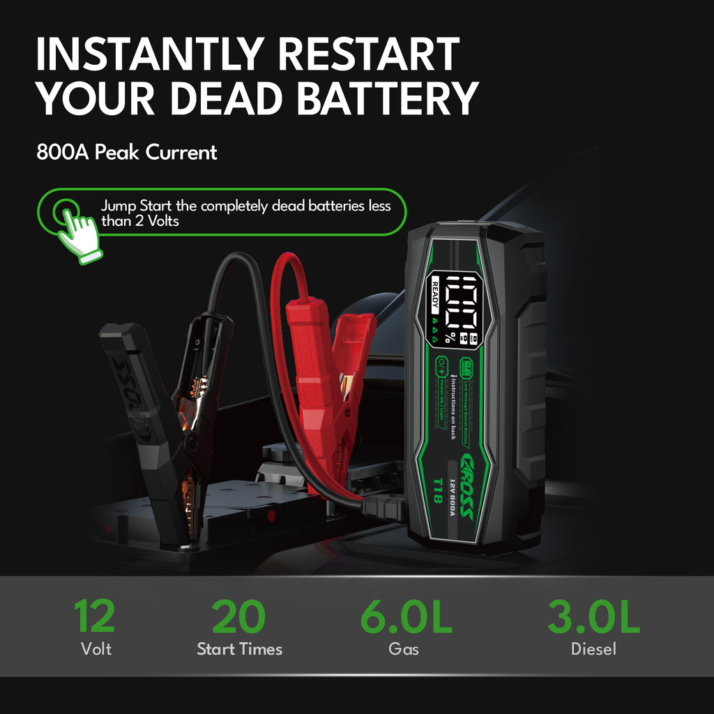 CAROSS Booster de démarrage portable 800 A et 12 V, avec batterie lithium-ion 10 000 mAh, protection anti-étincelles et contre l’inversion de polarité, fonction de boost