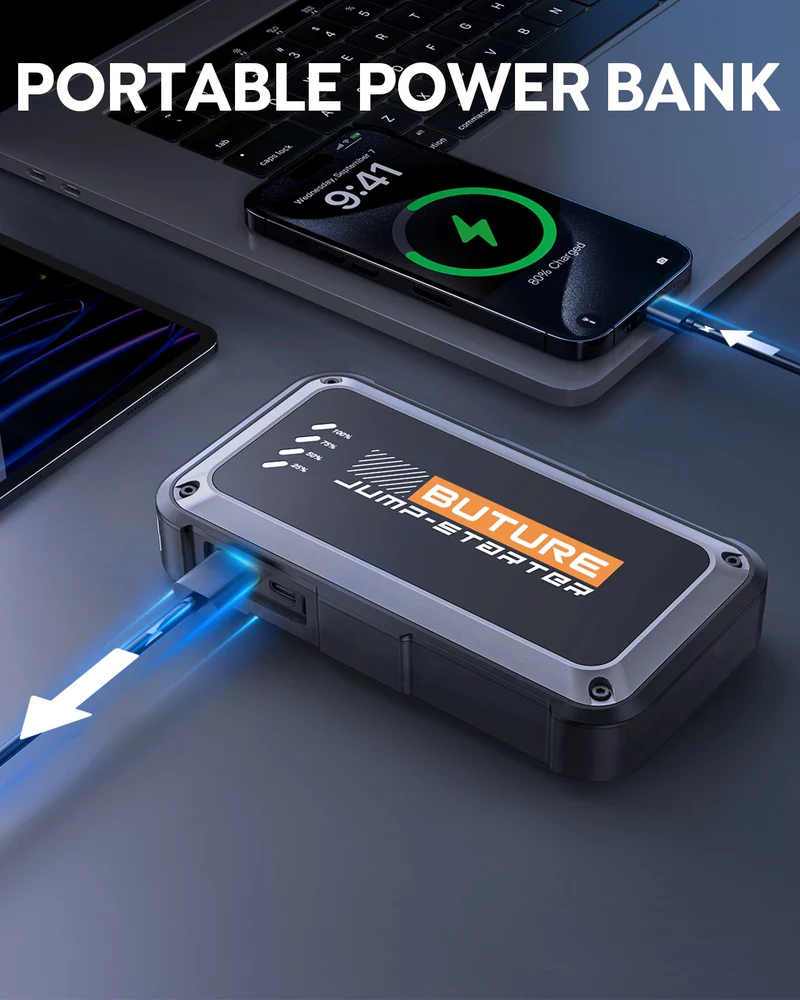 BUTURE Beta08 Démarreur de batterie portable 3000A – Démarreur de batterie 3 en 1 pour véhicules 12 V (jusqu'à 9,0 L essence / 8,5 L diesel), batterie externe 16 800 mAh