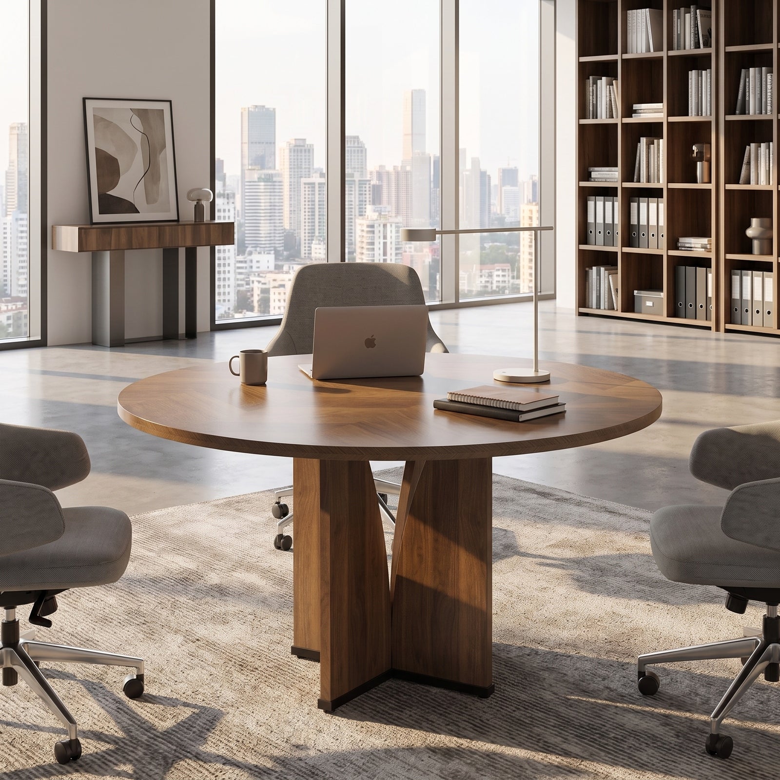 LANTINE Table à manger ronde pour 4 style ferme plateau aspect bois marron diamètre 100 cm hauteur 75 cm