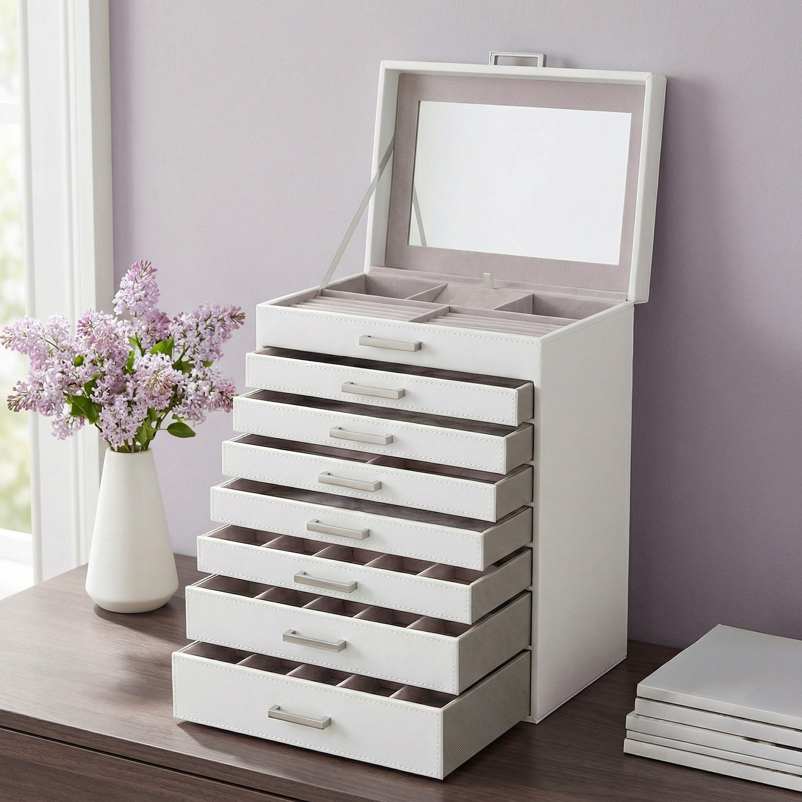 JOYFURNOS Grand Organisateur de Boîte à Bijoux à 8 Niveaux avec Compartiment de Rangement Dédié pour Montres, Design de Tiroir Empilable avec Plateau en Verre Transparent