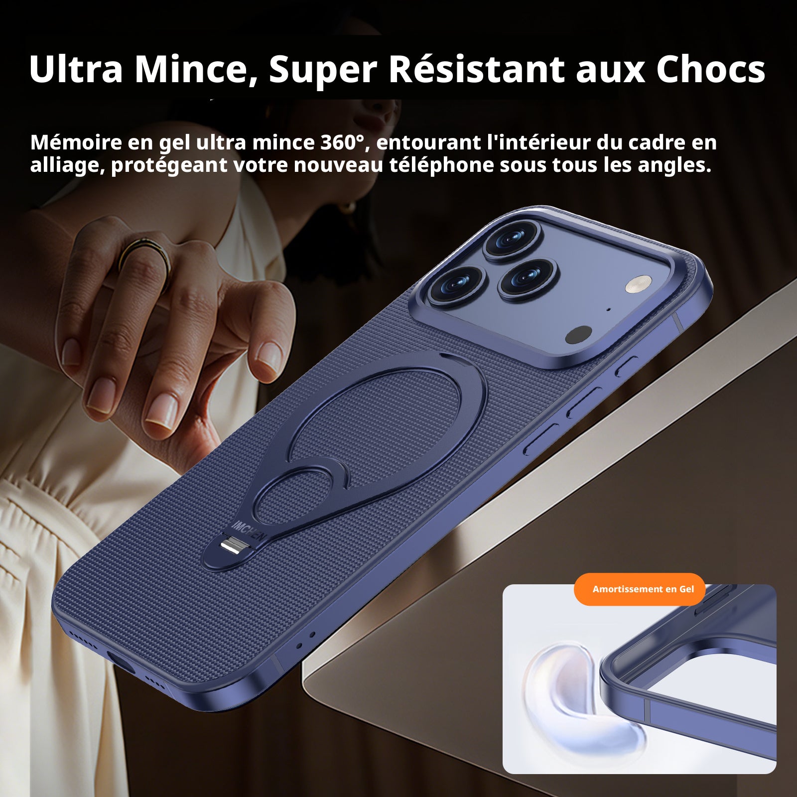 Coque pour iPhone 17 Pro Max, cadre en alliage, support métallique rotatif à 360°, anneau de maintien en cuir de qualité supérieure, anti-choc, orange, 1 pièce