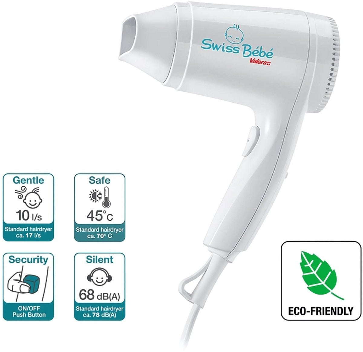 Valera Sèche-cheveux pour bébé, Fabriqué en Suisse, 500 W, Silencieux et doux
