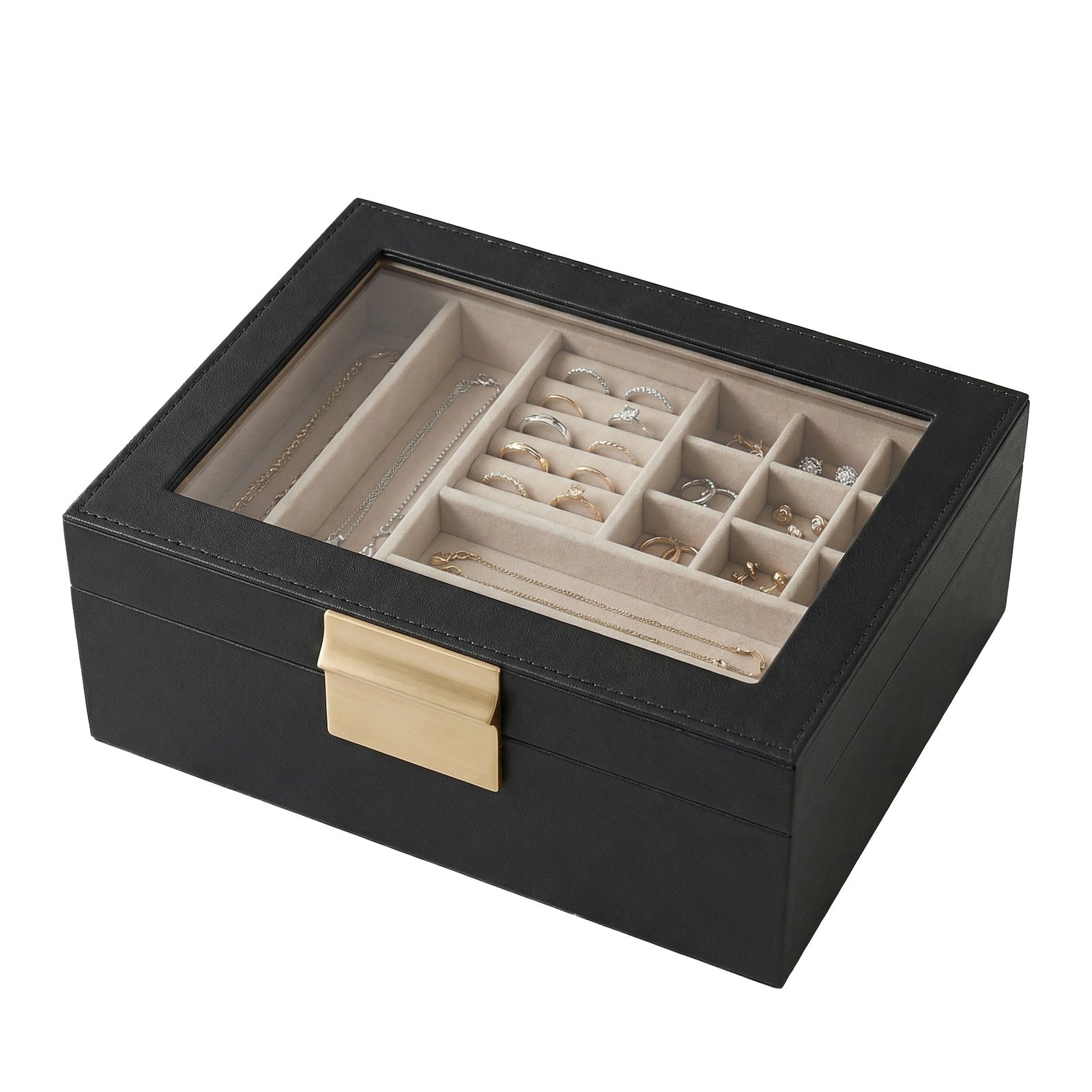 JOYFURNOS Boîte à Bijoux avec Couvercle en Verre, Organiseur à Bijoux 2 Niveaux avec Plateau Amovible, Rangement pour Bijoux, Style Moderne, Cadeau pour Vos Proches, Noir Graphite et Or Métallique
