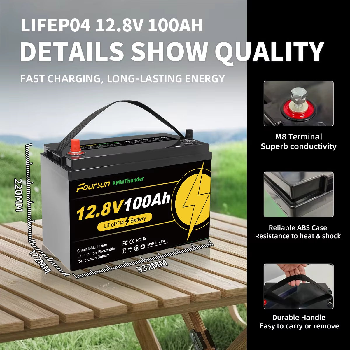 Foursun Batterie LiFePO4 12 V 100 Ah avec protection BMS à basse température, avec chargeur, plus de 4500 cycles pour camping-car/solaire/camping