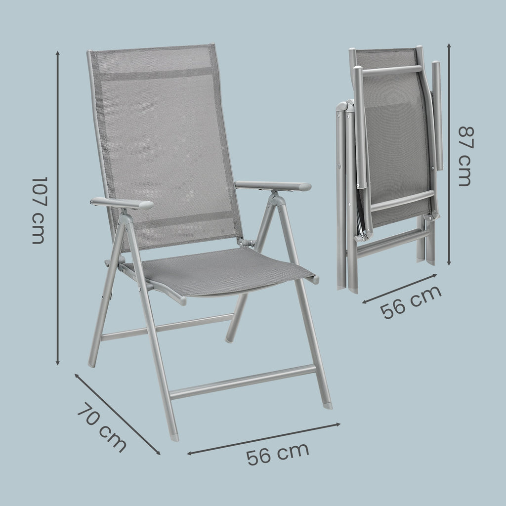 JOYFURNOS Lot de 2 Chaises de Jardin Pliantes, Chaises d’Extérieur avec Structure en Aluminium Résistante, Dossier Inclinable à 8 Positions, Capacité Max. 150 kg par Chaise, Gris