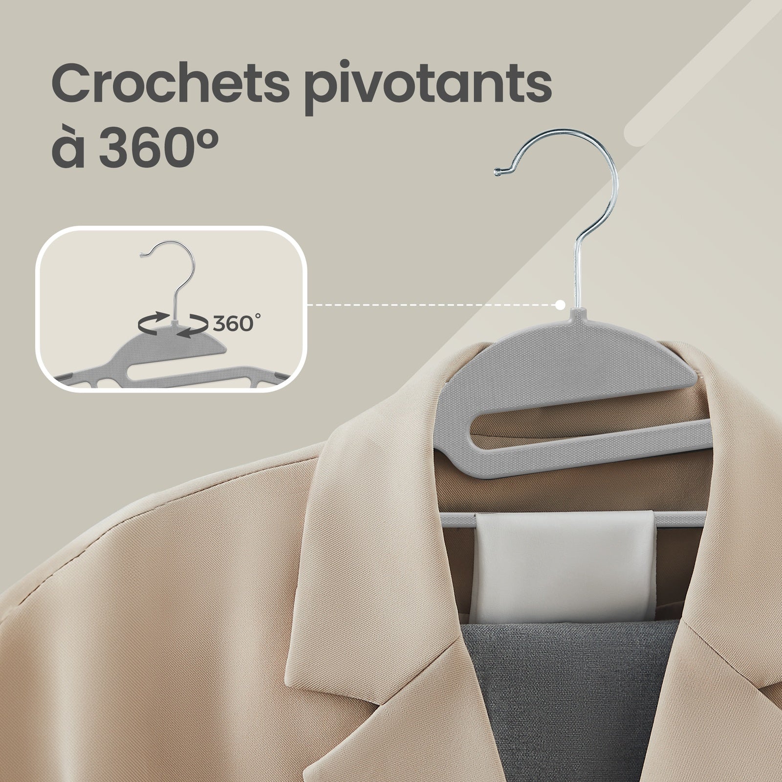 JOYFURNOS Lot de 50 cintres, cintres en plastique peu encombrants avec crochet pivotant à 360°, pour armoire, en forme de S, robustes, gris