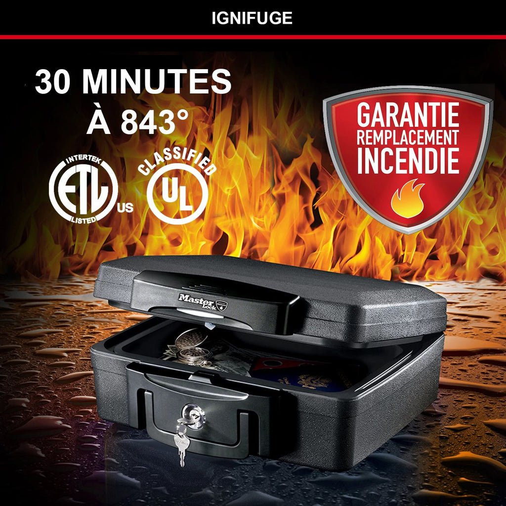 Master Lock Boîte de sécurité certifiée résistante au feu et à l’eau, avec clé, 4,9 L, 362 x 156 x 330 mm, portable avec poignée de transport, pour la maison et les professionnels