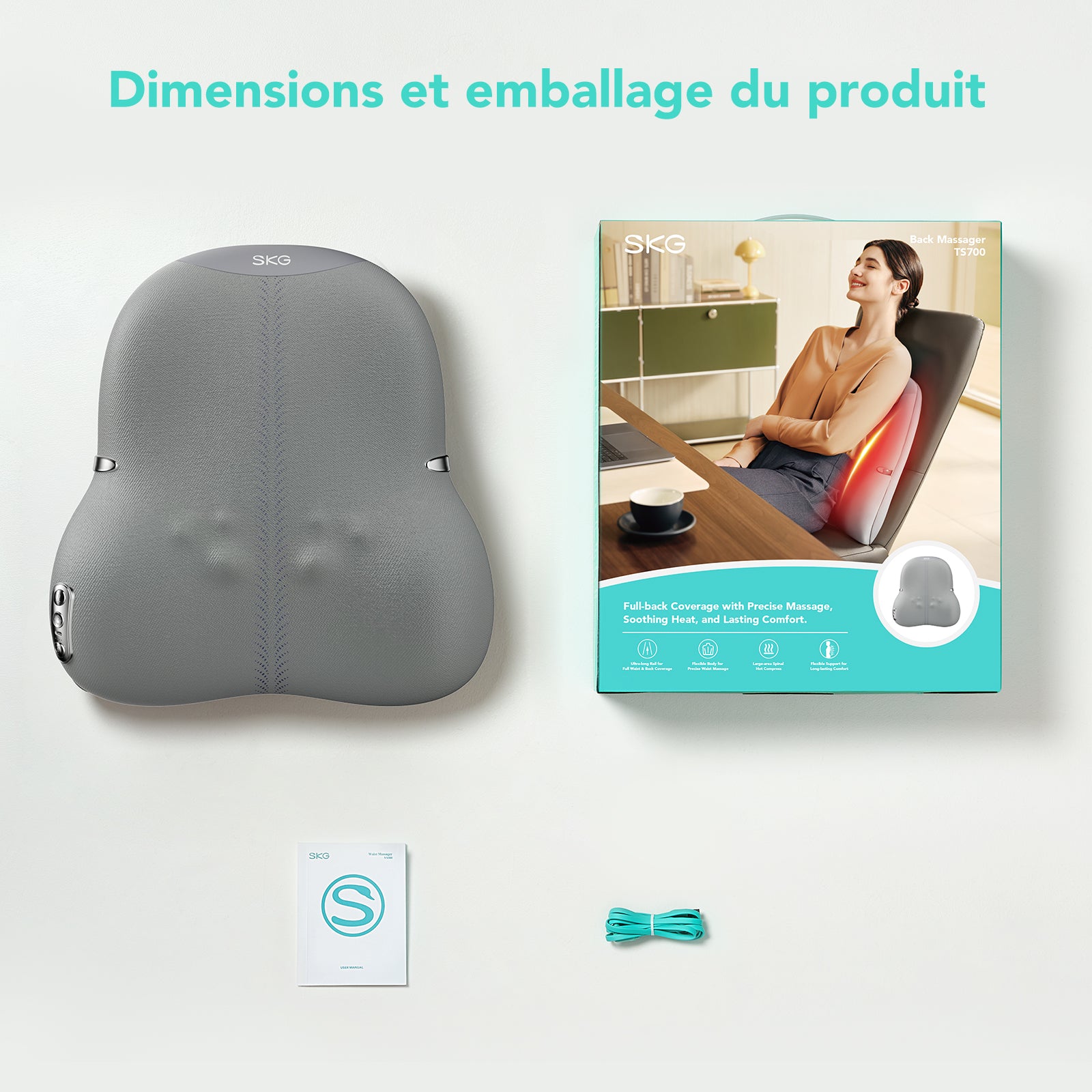 SKG TS700 Support lombaire de massage, Tête de massage 4D, Massage sur rail, Pour bureau et domicile, Cadeau pour l'être aimé