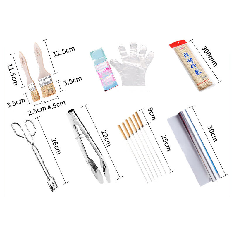 SUNCOJIA Ensemble d’ustensiles de barbecue avec gants jetables, pinceau à huile en bois, pince à charbon, pinces à aliments, set de brochettes de barbecue et papier aluminium