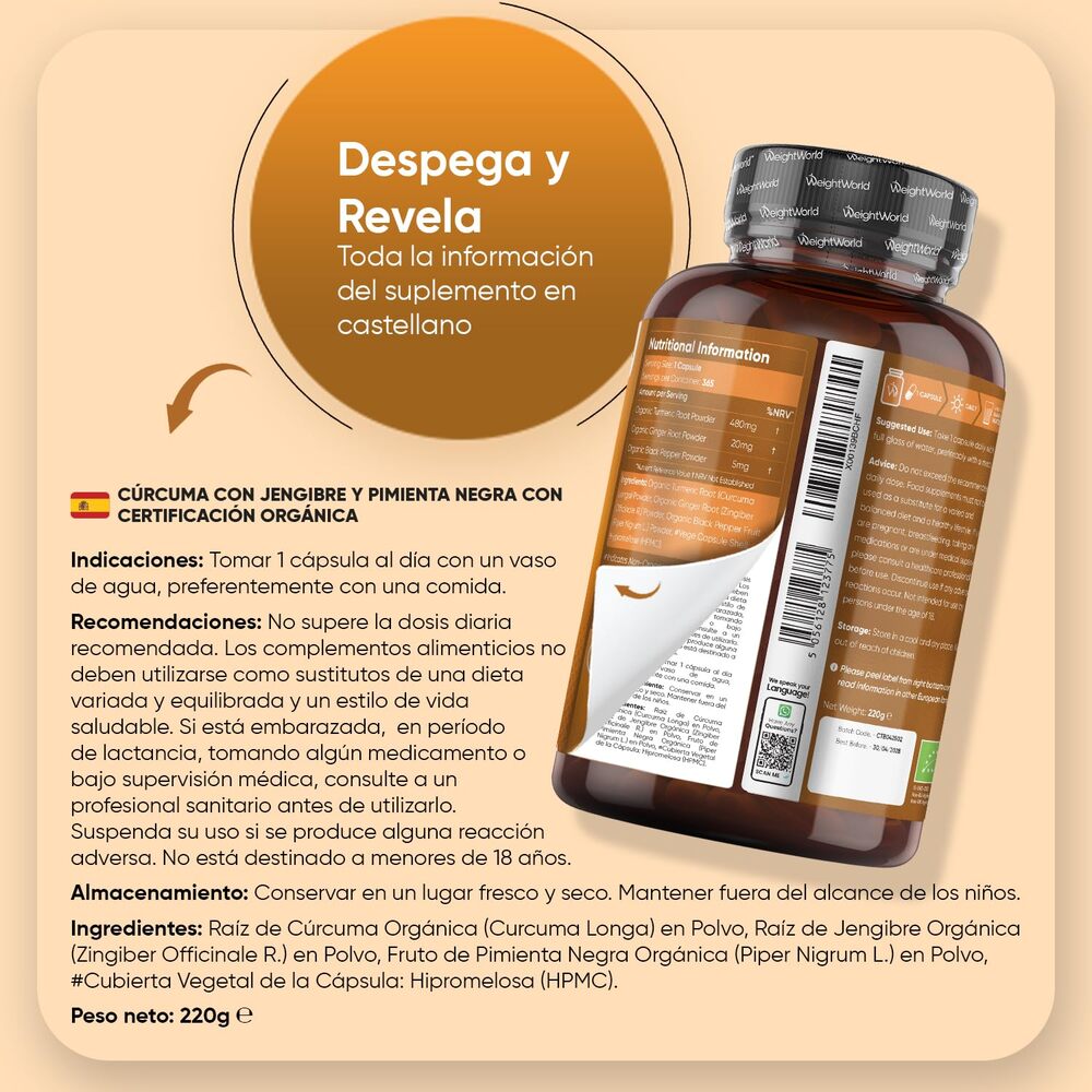 WeightWorld Curcuma biologique avec poivre noir biologique et gingembre biologique 505 mg 365 gélules