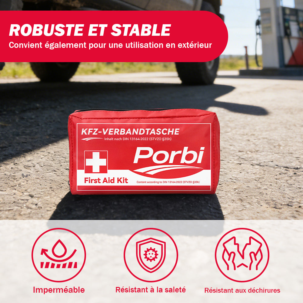 Trousse de premiers secours Porbi pour voiture, conforme à la norme DIN 13164, contient tout le matériel médical d'urgence nécessaire pour véhicules, voyages et accidents de la route, Rouge