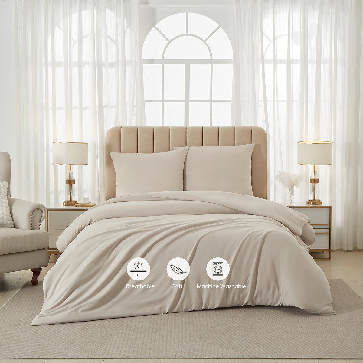 MEEALLHOME Parure de lit en flanelle lavée beige - 1 housse 200 x 220 cm et 2 taies 80 x 80 cm