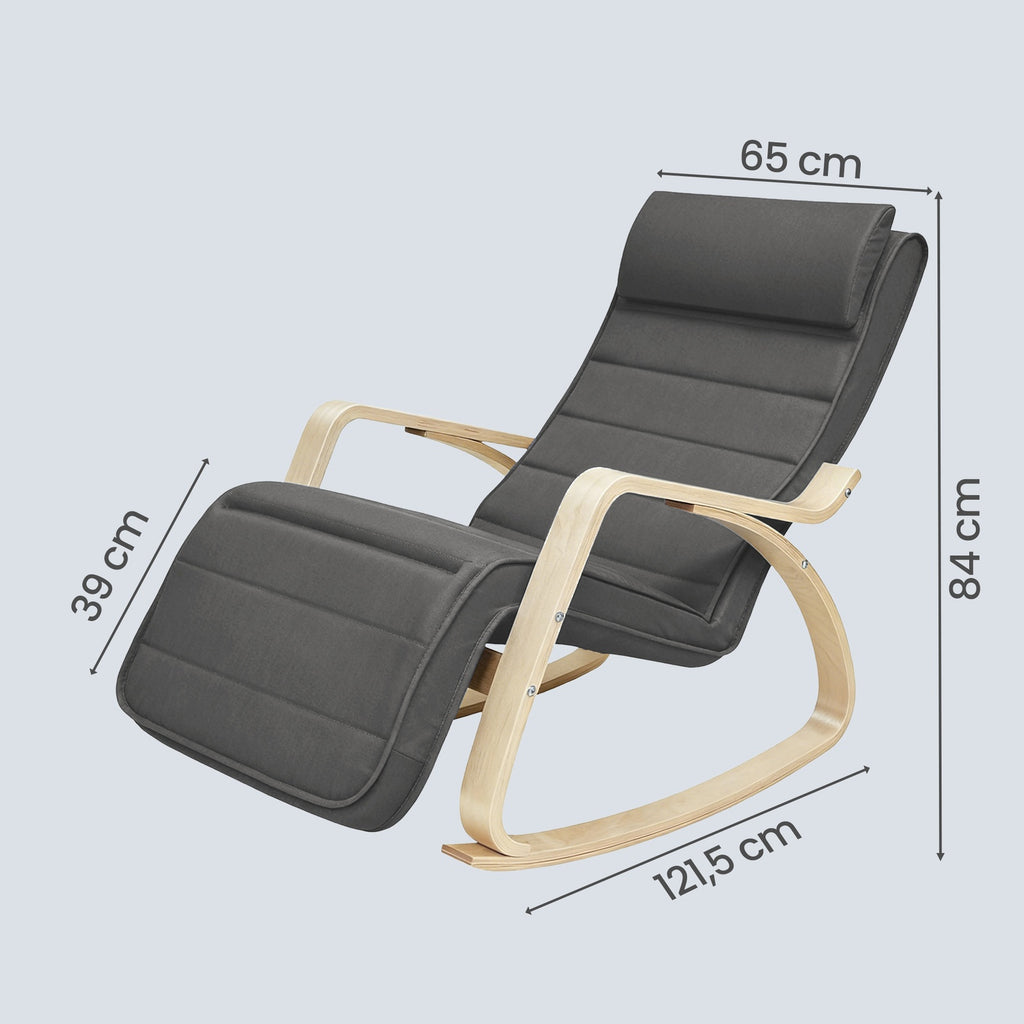 JOYFURNOS Fauteuil à bascule gris foncé et naturel avec accoudoirs en bouleau – Repose-pieds réglable à 5 niveaux, supporte jusqu’à 150 kg – Idéal pour salon ou chambre