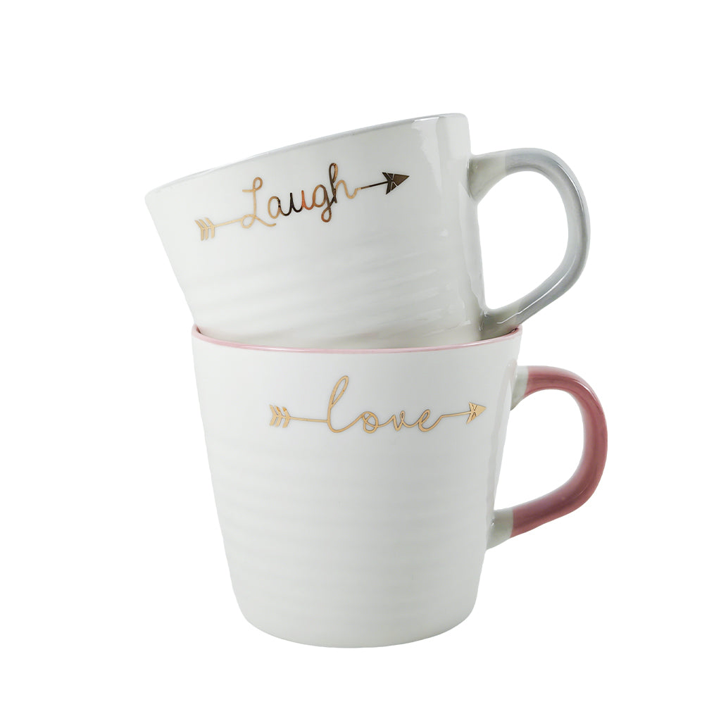Lot de 2 tasses à café en céramique Amour et Rire, citation inspirante, 410 ml, blanc avec inscription dorée, coffret cadeau