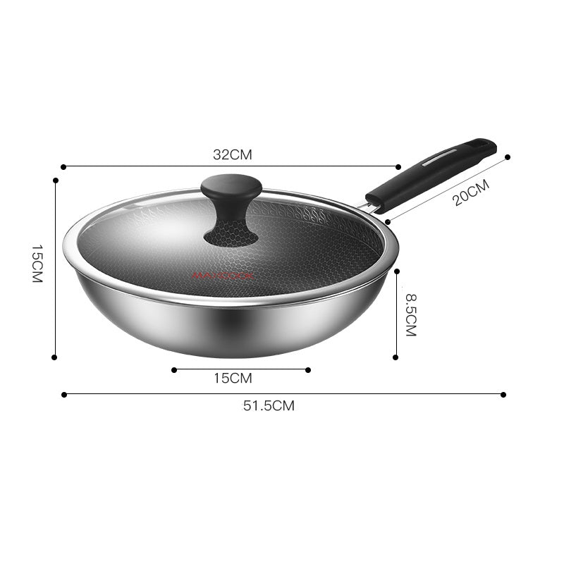 Maxcook Poêle wok 30 cm avec couvercle en verre trempé, intérieur en nid d'abeille antiadhésif en céramique, construction en acier inoxydable composite à 3 couches