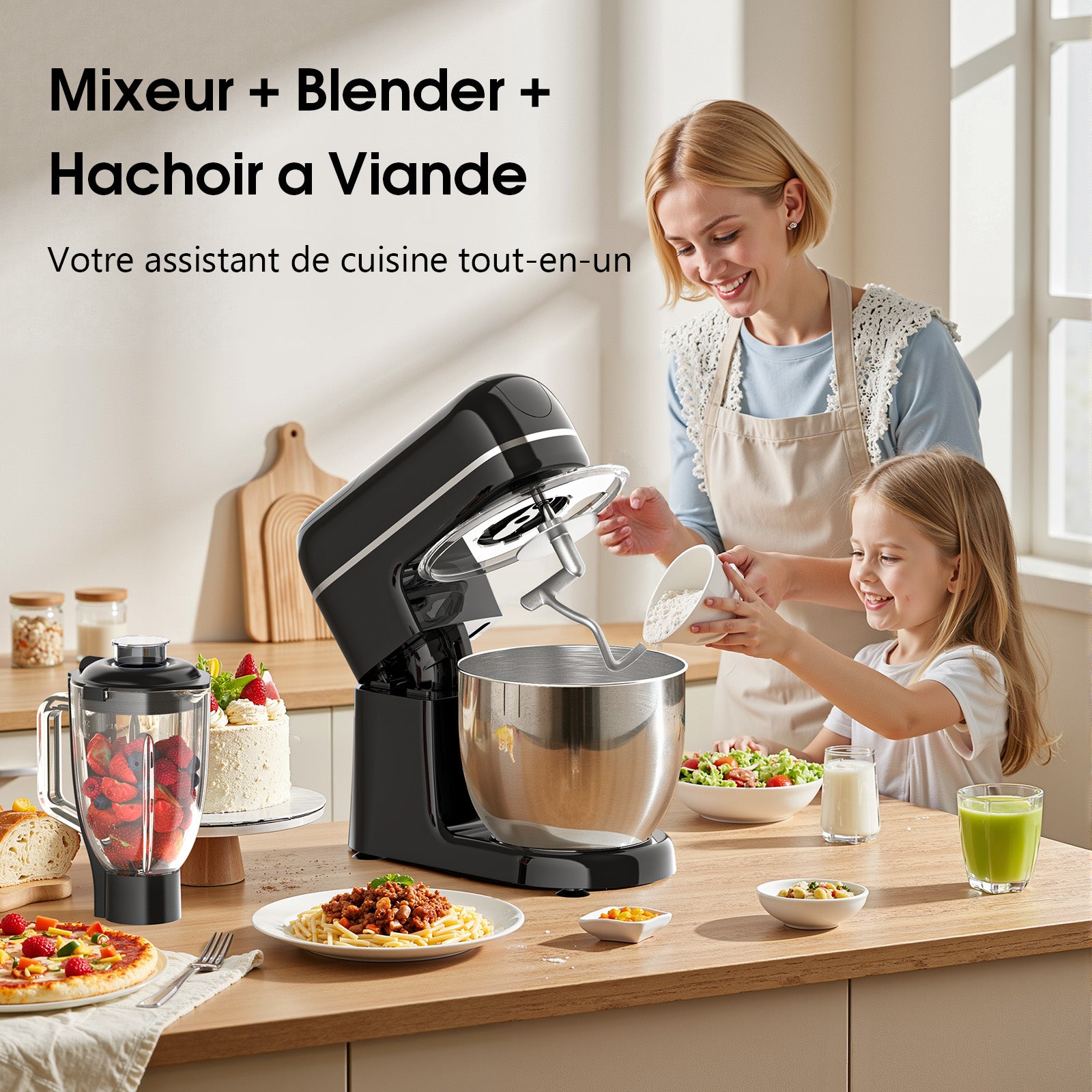 HONINST Robot pâtissier sur socle multifonction 7-en-1, Robot de cuisine à tête inclinable 8 vitesses 6,5 qt, Batteur électrique avec hachoir à viande, Mixeur à jus