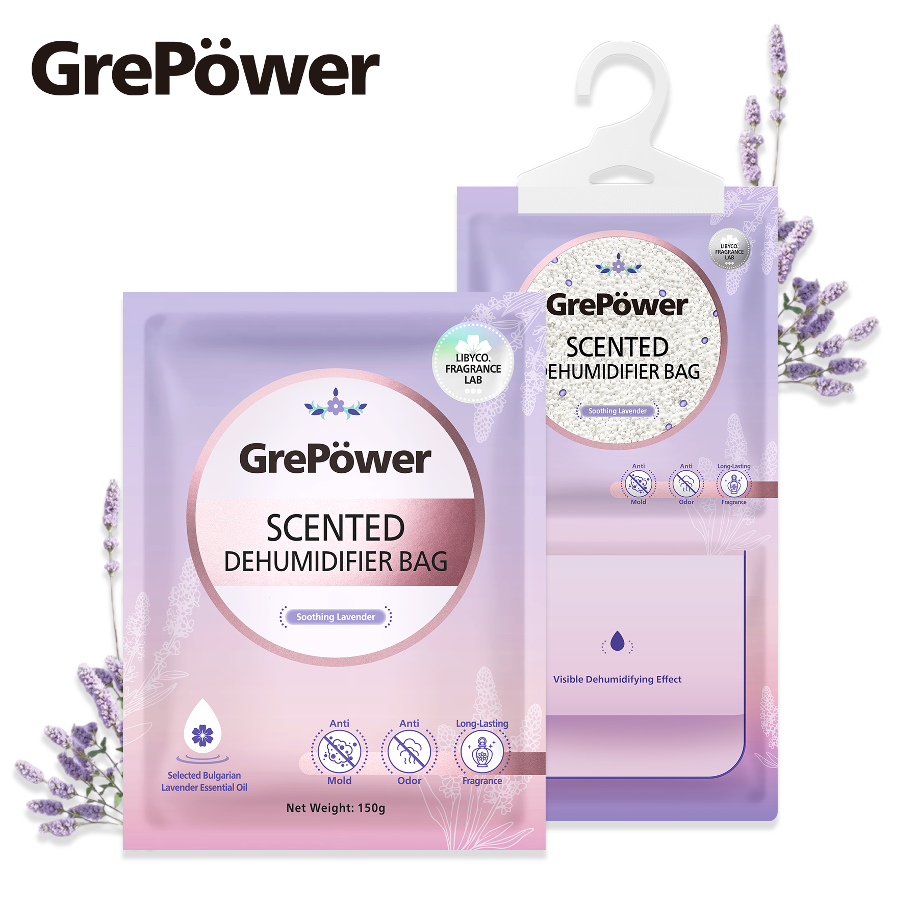 GrePower Sachets déshumidifiants à suspendre, Parfum lavande, Lot de 10, Efficaces contre l’humidité et la moisissure, Pour armoire/maison/cuisine/garage/chambre/camping-car/bureau/sous-sol