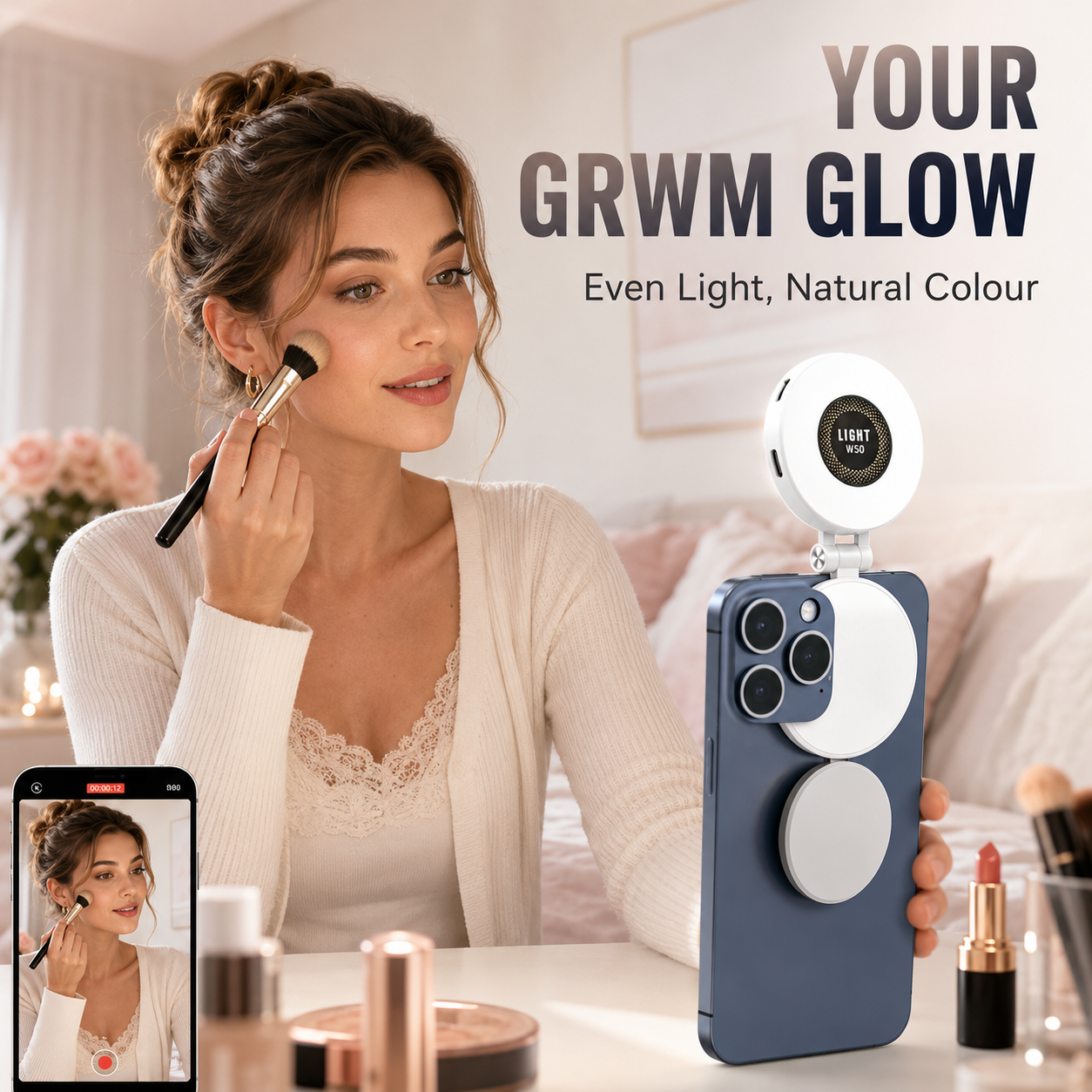 VoxorAI M28 Lampe d’appoint blanche – Solution d’éclairage pour selfie avec miroir et fixation magnétique. Qualité CRI95+, éclairage LED à 360°