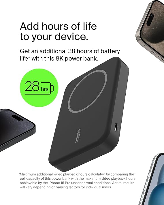 Belkin BoostCharge Pro batterie externe magnétique compatible Qi2, 8 000 mAh, noir