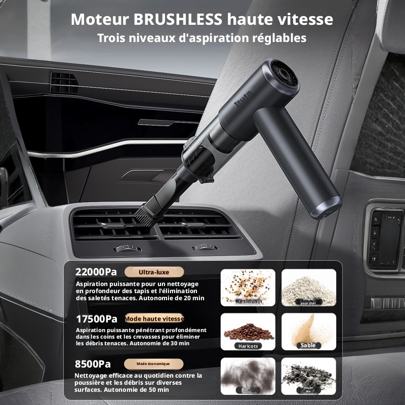 Aspirateur de voiture M8Pro+ Édition standard - Moteur sans balais / 1 filtre lavable Capacité de la batterie : 2000 mAh * 4 Puissance d'aspiration : 22000 Pa