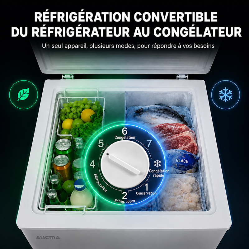 AUCMA 95 L Congélateur Coffre Convertible, Réfrigérateur & Congélateur Réversible, Mini Congélateur Profond Ouverture par le Haut, Classe Énergétique E, Fonctionnement Silencieux, Thermostat à 7 Niveaux, Panier Amovible & Tuyau de Dégivrage, Convient
