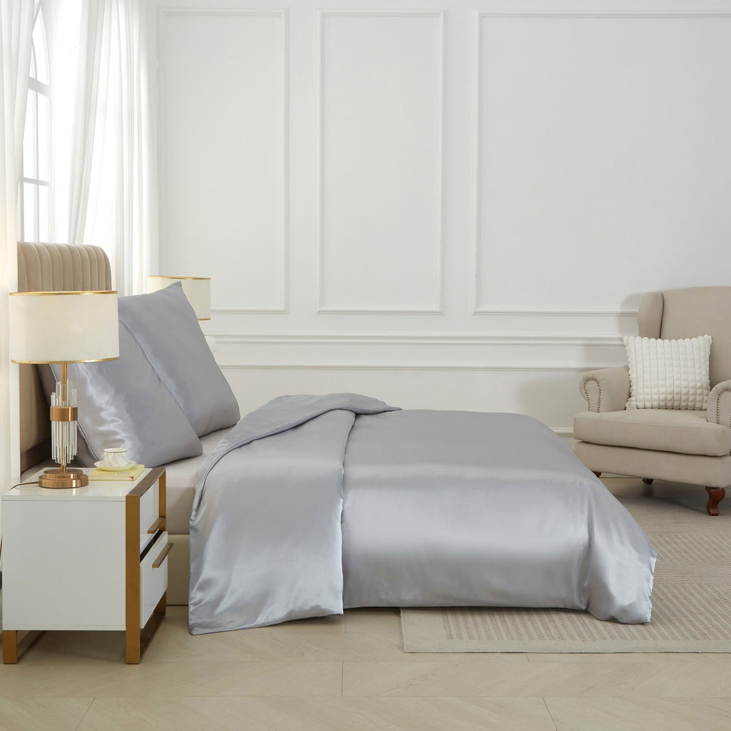 MEEALLHOME Parure de lit satinée gris - 1 housse 155 x 220 cm et 2 taies 80 x 80 cm