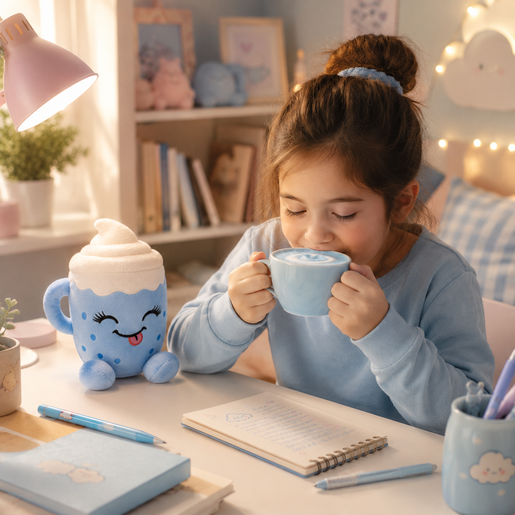 Flooffees Mug en peluche Bleu de Londres – Jouet mignon et doux de style kawaii avec nappage à la crème fouettée, compagnon de bureau câlin de 25 cm, décoration pour chambre et cadeau pour enfants
