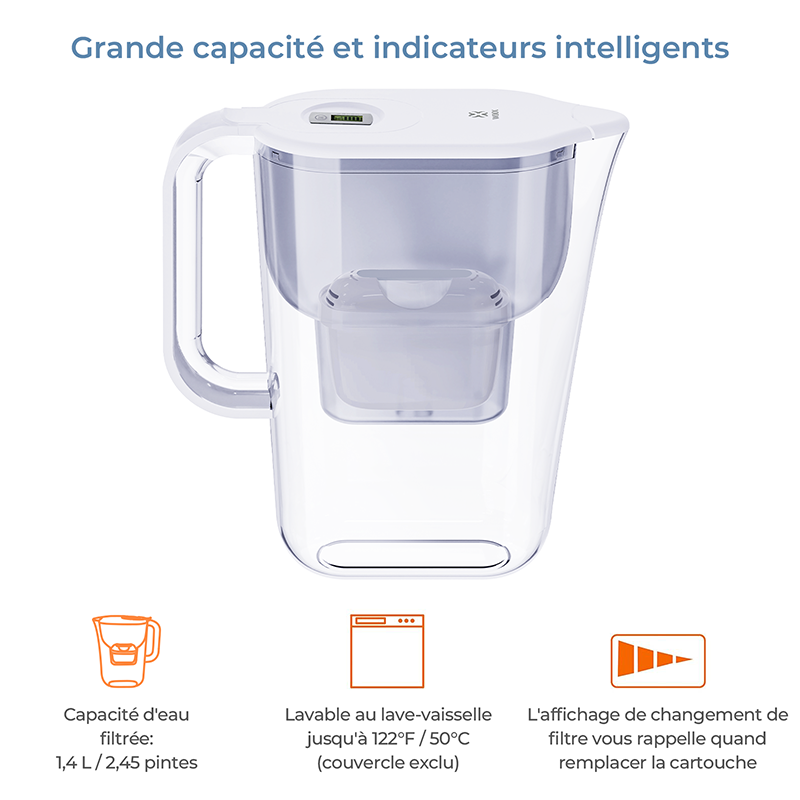 WOOX MX0200 Carafe filtrante 2,4 L avec affichage électronique et rappel de filtre 35 jours