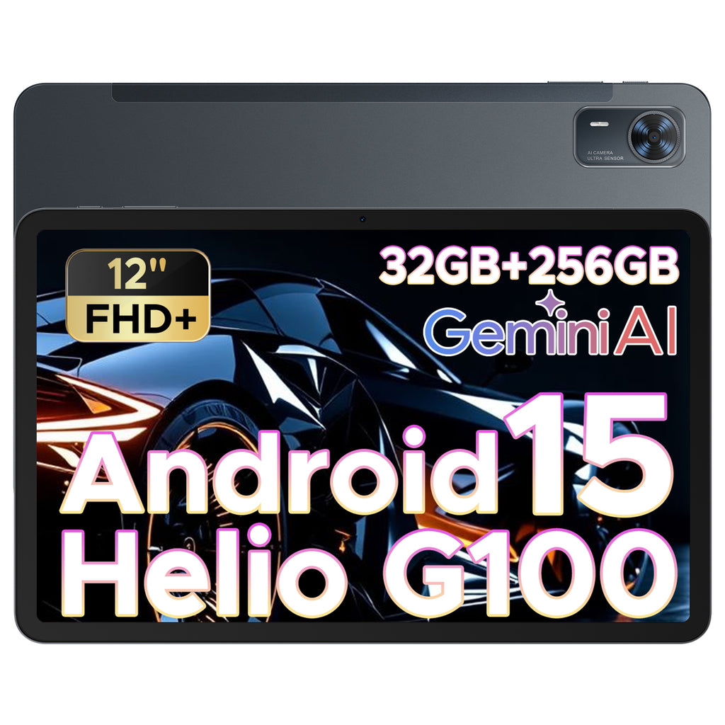 DOOGEE Tab E3+ tablette Android 15, 12 pouces FHD+, emplacement pour carte SIM, Helio G100 octa-core IA, tablette gaming 90Hz, 32GB+256GB (extensible jusqu’à 2TB), batterie 8800mAh, ultra-fine 7.5mm, quatre haut-parleurs, reconnaissance faciale, gris