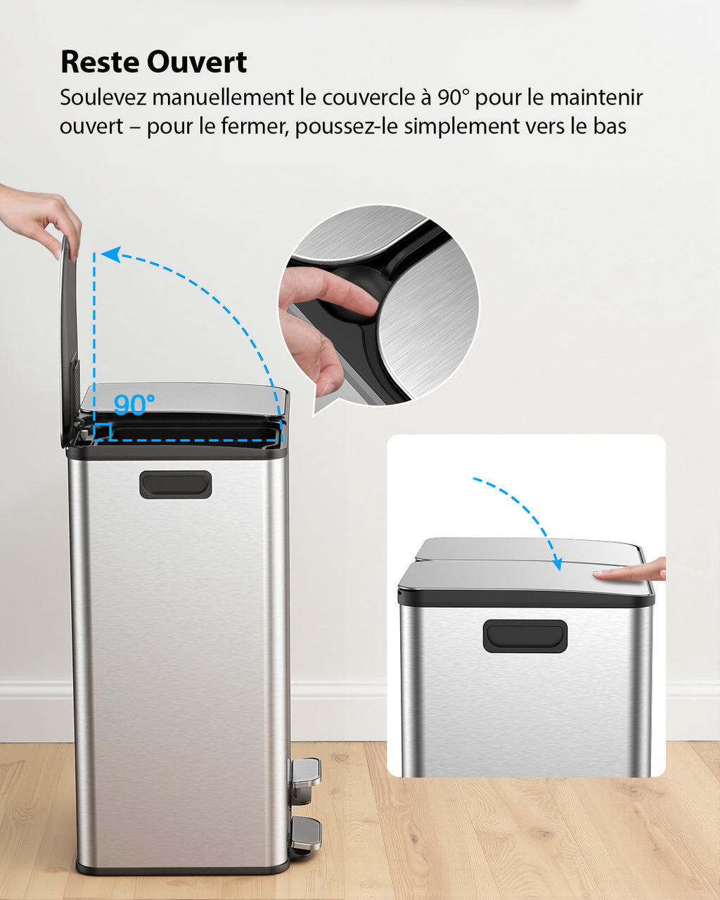 lovewind Poubelle de cuisine, 2 x 30 L, double poubelle pour recyclage et déchets, argenté, poubelle en acier inoxydable avec couvercle et seaux intérieurs, grande capacité