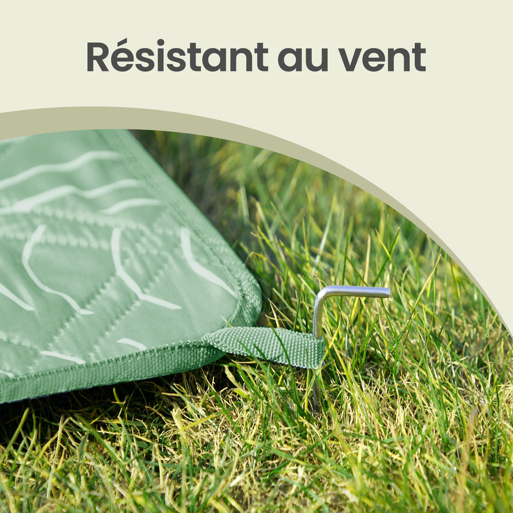 JOYFURNOS Couverture de Pique-nique, 200 x 200 cm, 4 Piquets de Sol, Hydrofuge, Lavable, Pliable, Motif Feuilles et Vert