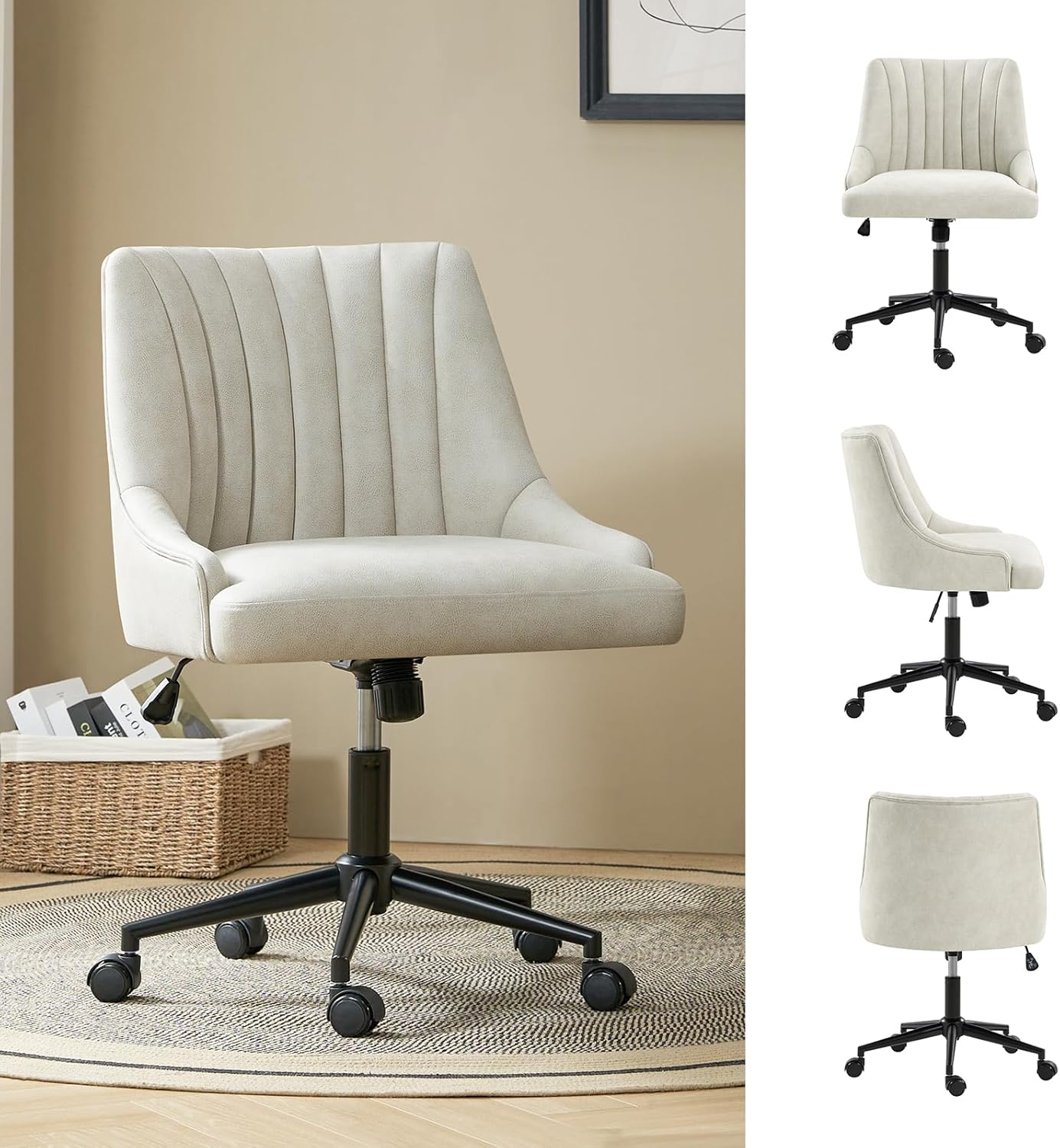HULALA HOME Chaise de bureau moderne sans accoudoirs avec assise rembourrée, dossier matelassé, pivotante 360° à hauteur réglable et structure en métal robuste - Blanc