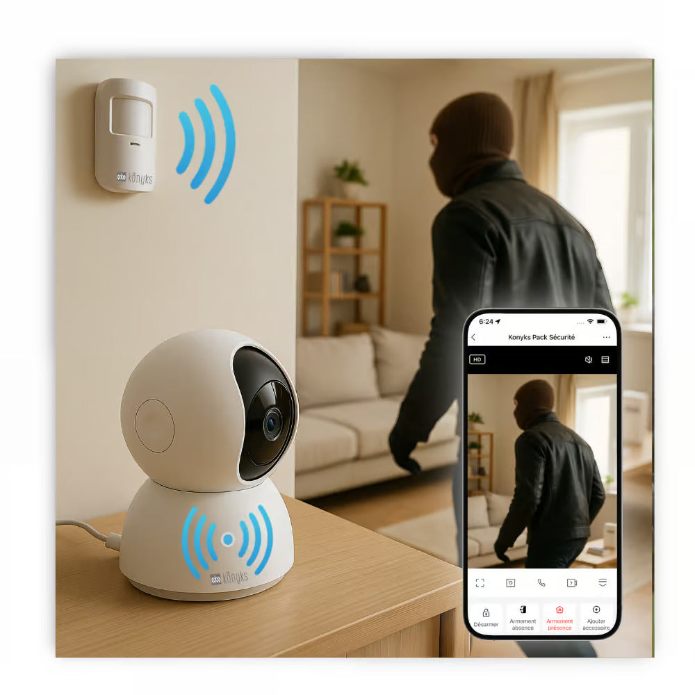 Konyks KO338690 Pack sécurité - 1 caméra Wi-Fi intérieure + 2 détecteurs d'ouverture + 1 détecteur de mouvement + 2 télécommandes