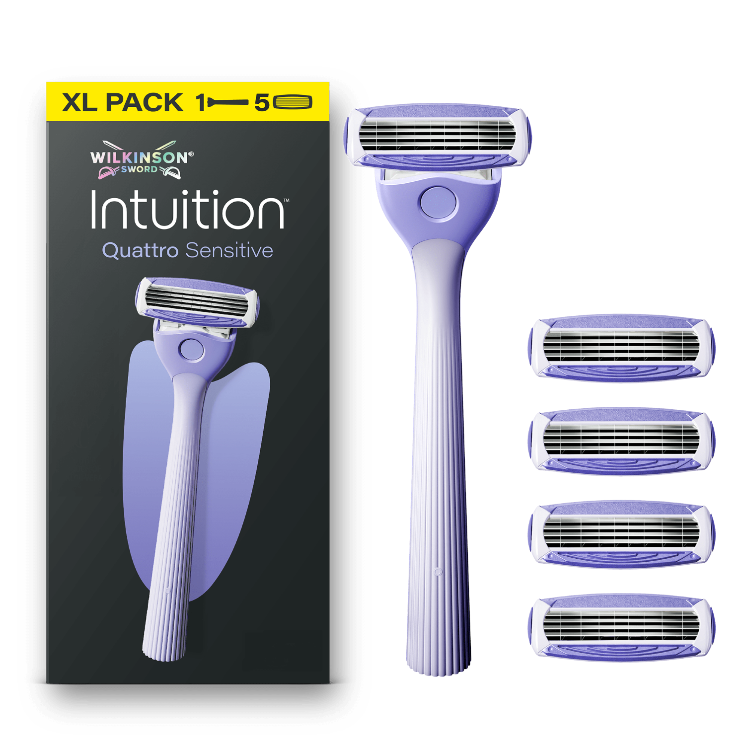 Wilkinson Sword Intuition Quattro Sensitive - Rasoir pour Femme - 1 Manche + 5 Recharges