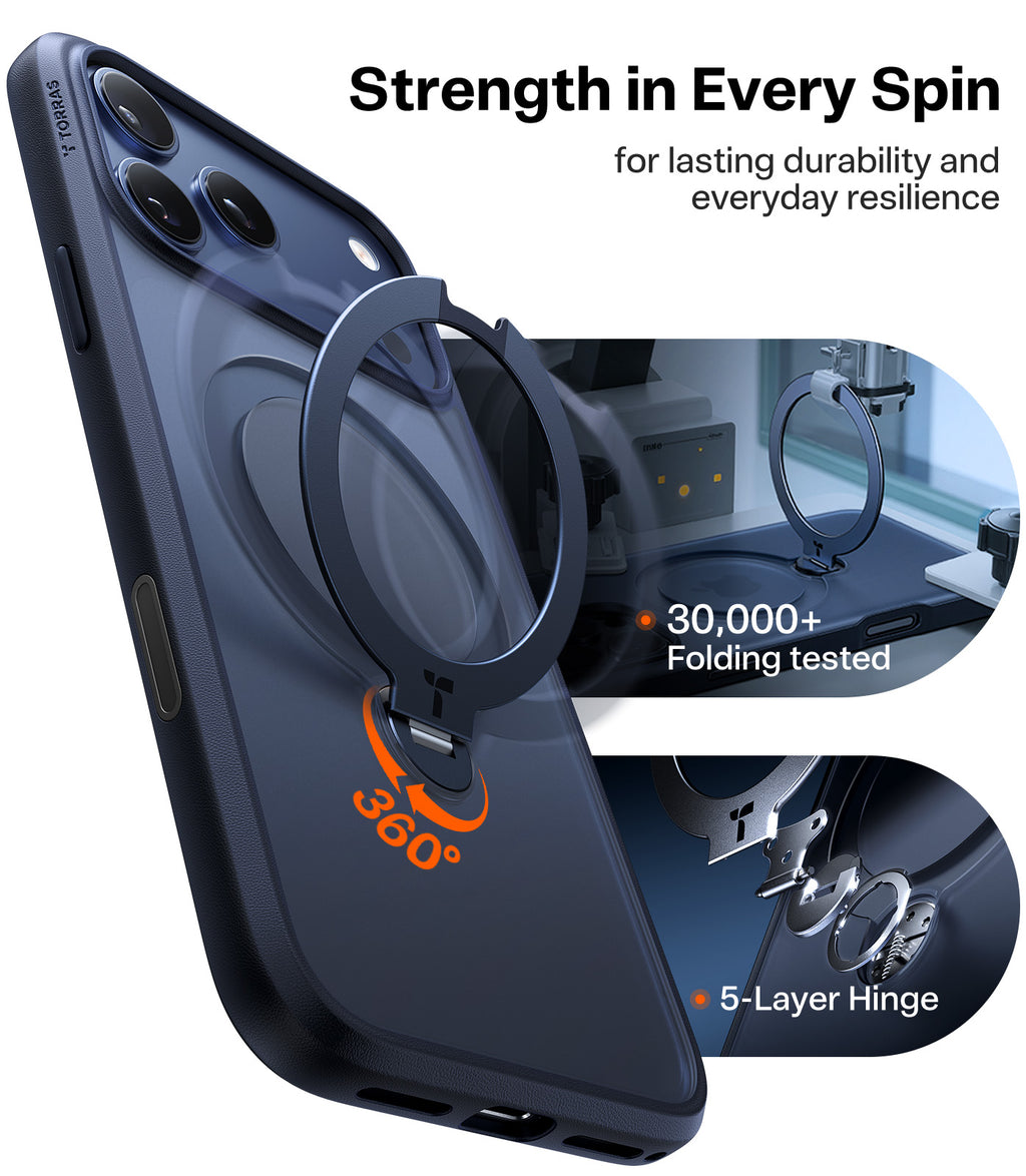 TORRAS Ostand Série Spin Coque pour iPhone 17 Pro Max Support Magnétique Rotatif à 360° Protection Militaire Finition Mate Antidérapante et Anti-traces de Doigts - Bleu Marine
