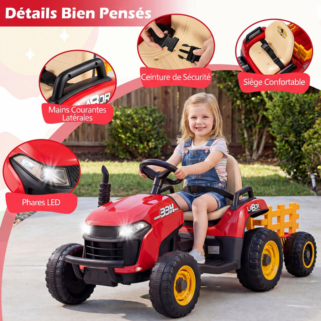 Costway Tracteur électrique 24 V avec remorque, télécommande 2,4 GHz et klaxon - Tracteur électrique pour enfants - Rouge