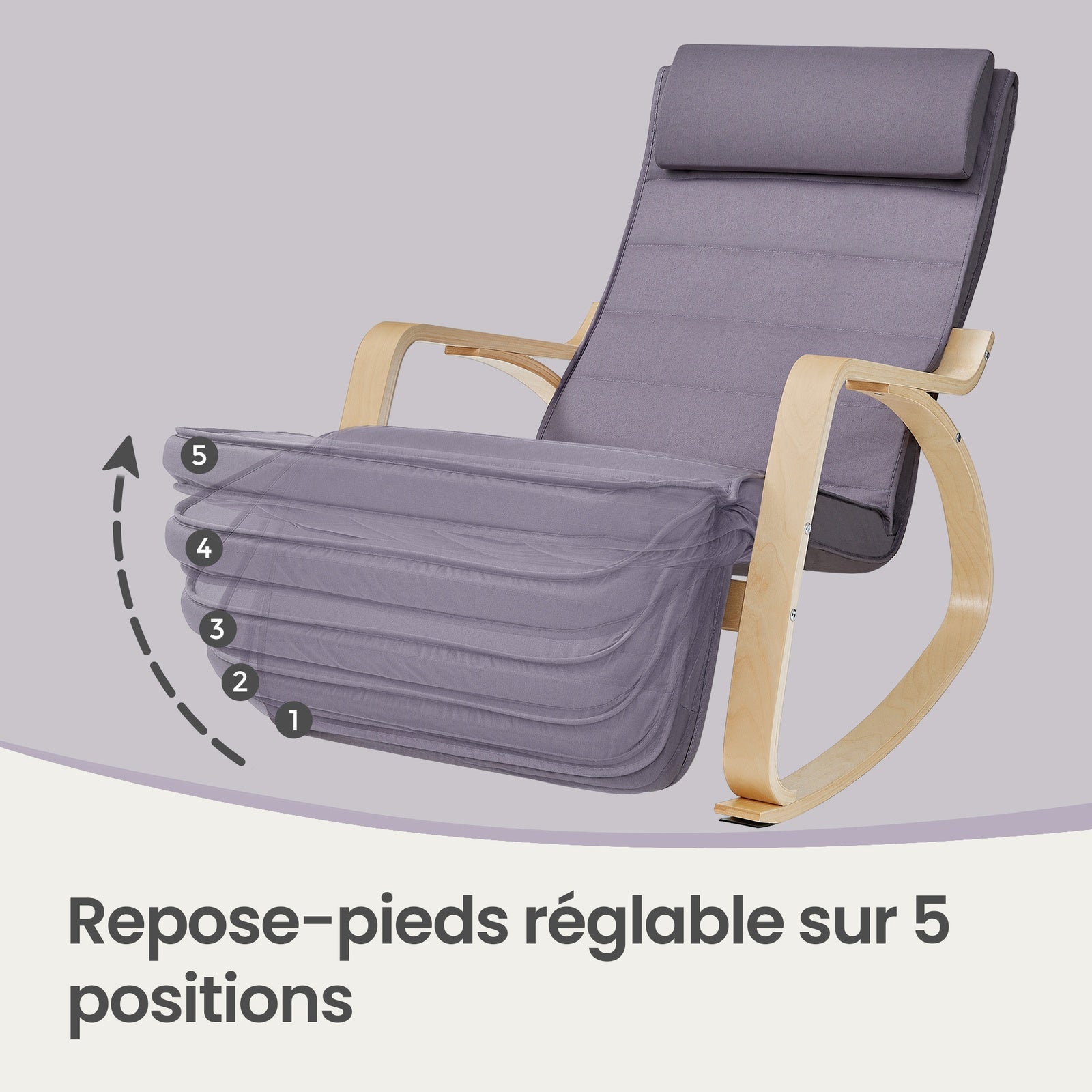 JOYFURNOS Fauteuil à bascule avec accoudoirs, Fauteuil lounge à bascule en bois de bouleau, Repose-pieds 5 positions réglables, Gris clair et Naturel