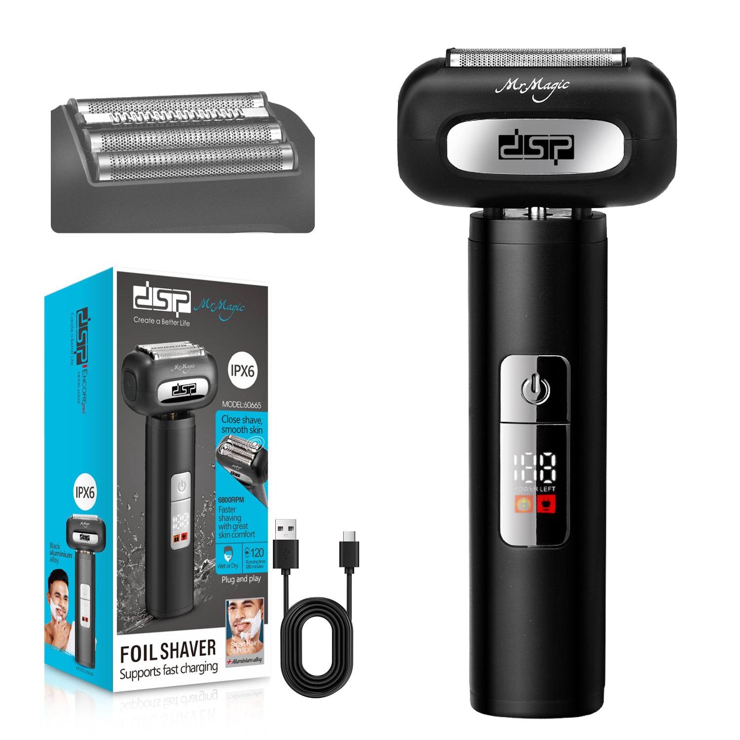 DSP Rasoir électrique à lame fine 2-en-1 McMagic pour hommes, 2 lames en acier inoxydable, 3 vitesses réglables, écran LED, étanchéité IPX6, rechargeable par USB (Noir)