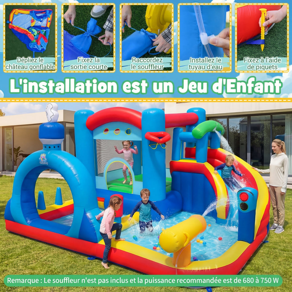 Costway Château gonflable avec toboggan aquatique, aire de saut, piscine, canon à eau, sacs de sable et jeu de panier (gonfleur non inclus)