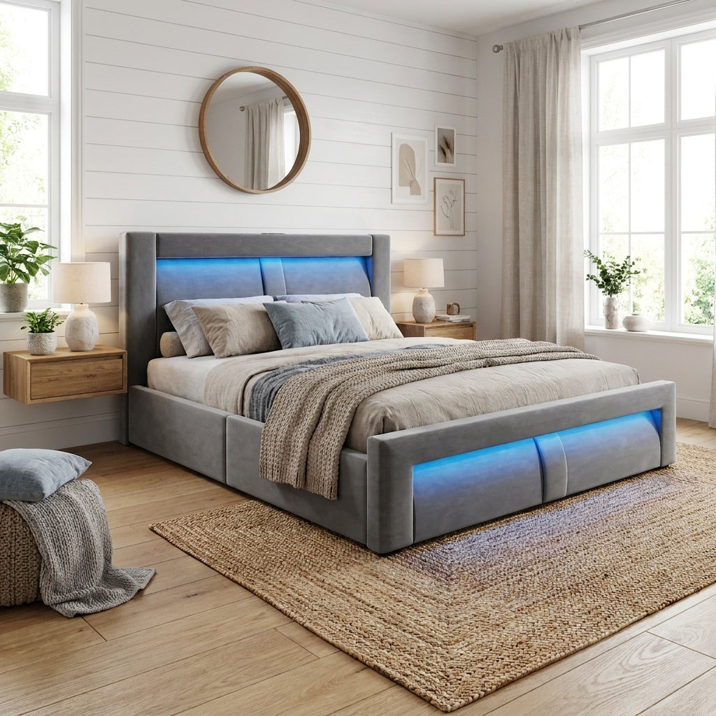 URBAN MEUBLE Lit double 140x200 cm en velours avec rangement, mécanisme de levage hydraulique, éclairage LED, ports USB et Type-C, tête de lit incurvée, gris, sans matelas