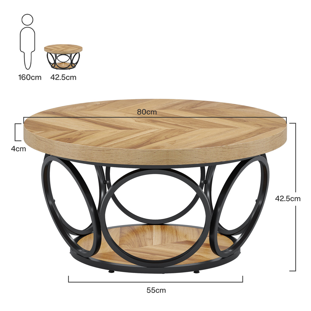 Tribesigns Table basse ronde 80 cm style ferme, rangement 2 niveaux, cadre en métal, grain de bois marron